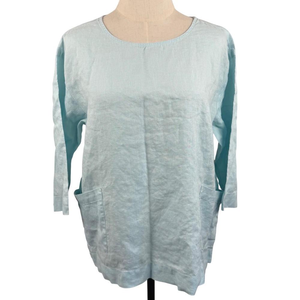 Pure Jill MP Linen Tunic Top Blue 3/4 Sleeve Pockets Oversized Boxy Lagenlook